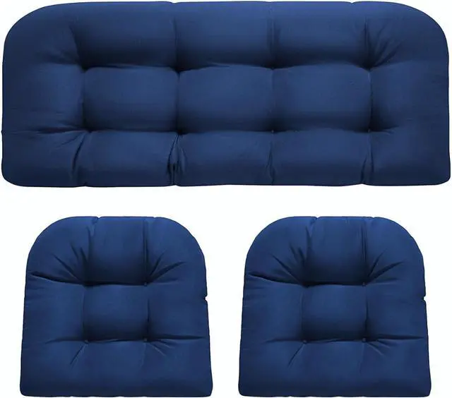 Main image of Waterproof 3-Piece Wicker Chair Cushions Set, Outdoor Loveseat & 2 U-Shaped Patio Furniture Cushions, 4-Inch Thick, Blue
