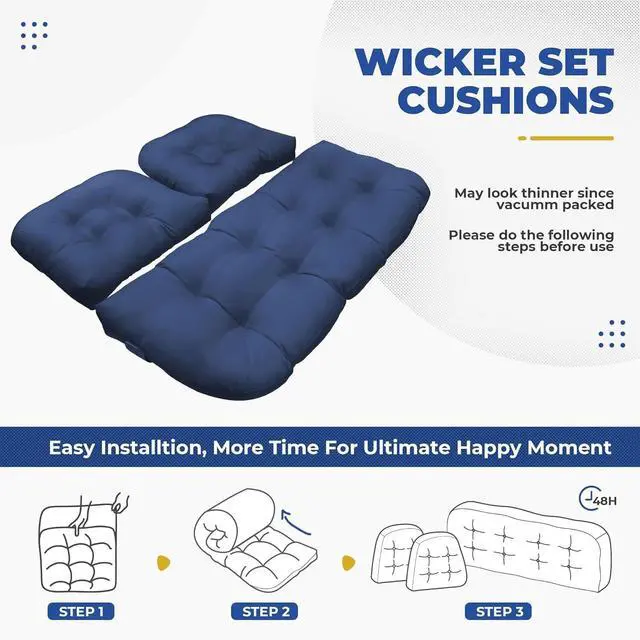 Alt view image 6 of 6 - Waterproof 3-Piece Wicker Chair Cushions Set, Outdoor Loveseat & 2 U-Shaped Patio Furniture Cushions, 4-Inch Thick, Blue
