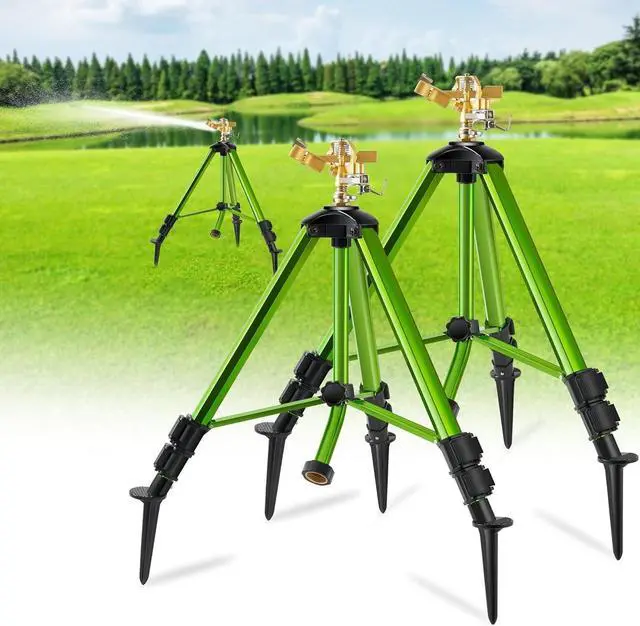 Main image of Heavy Duty Brass Head Tripod Impact Sprinkler with Ground Plugs, 360 Degree Spray, 0-44ft Irrigation, Extension Legs, 2 Pack for Yard Garden Lawn