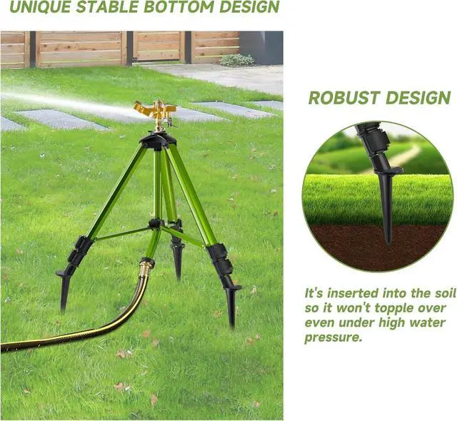 Alt view image 2 of 7 - Heavy Duty Brass Head Tripod Impact Sprinkler with Ground Plugs, 360 Degree Spray, 0-44ft Irrigation, Extension Legs, 2 Pack for Yard Garden Lawn