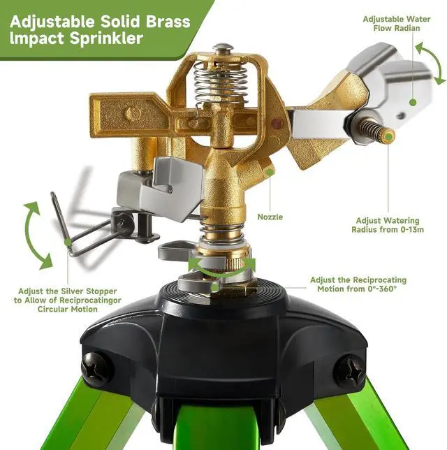 Alt view image 3 of 7 - Heavy Duty Brass Head Tripod Impact Sprinkler with Ground Plugs, 360 Degree Spray, 0-44ft Irrigation, Extension Legs, 2 Pack for Yard Garden Lawn