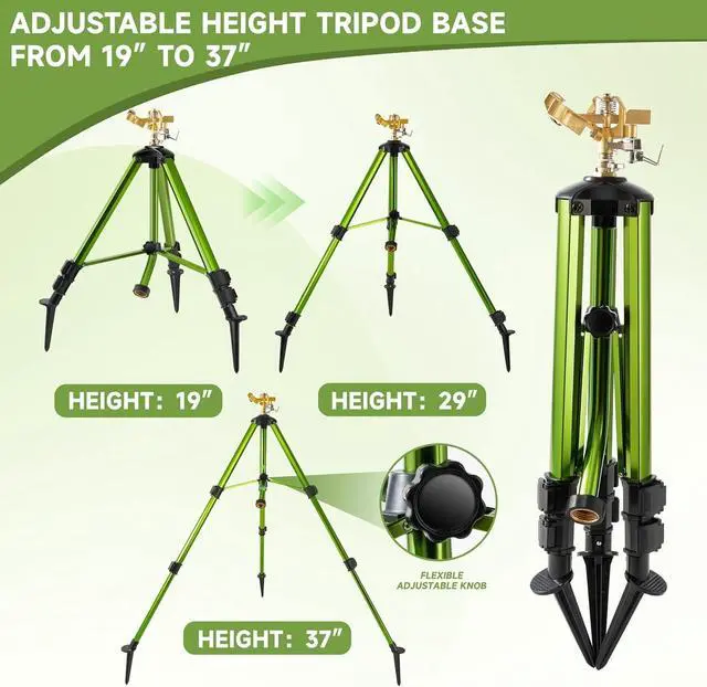 Alt view image 4 of 7 - Heavy Duty Brass Head Tripod Impact Sprinkler with Ground Plugs, 360 Degree Spray, 0-44ft Irrigation, Extension Legs, 2 Pack for Yard Garden Lawn