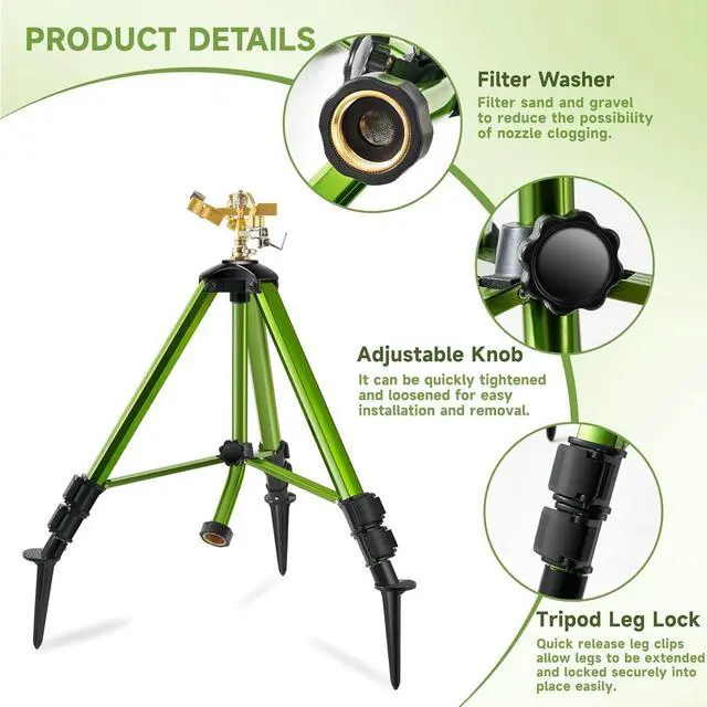 Alt view image 5 of 7 - Heavy Duty Brass Head Tripod Impact Sprinkler with Ground Plugs, 360 Degree Spray, 0-44ft Irrigation, Extension Legs, 2 Pack for Yard Garden Lawn