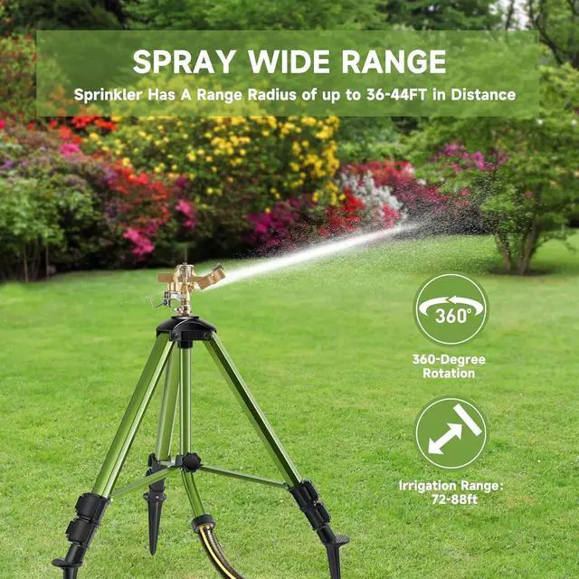 Alt view image 7 of 7 - Heavy Duty Brass Head Tripod Impact Sprinkler with Ground Plugs, 360 Degree Spray, 0-44ft Irrigation, Extension Legs, 2 Pack for Yard Garden Lawn