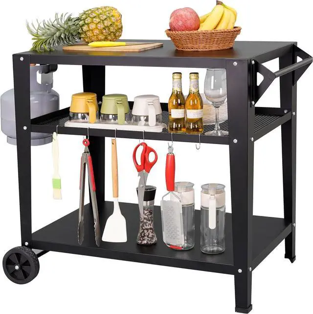 Main image of Heavy-Duty 3-Tier Outdoor Grill Cart with Wheels, Rustproof Metal BBQ Prep Table with Tool Hooks, Multipurpose Patio Stand for Griddle and Pizza Oven