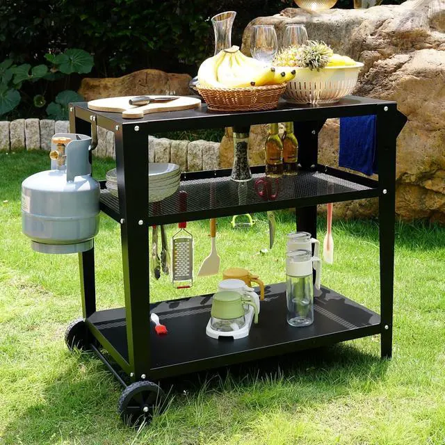 Alt view image 2 of 6 - Heavy-Duty 3-Tier Outdoor Grill Cart with Wheels, Rustproof Metal BBQ Prep Table with Tool Hooks, Multipurpose Patio Stand for Griddle and Pizza Oven