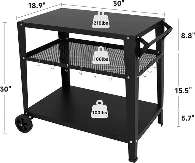 Alt view image 3 of 6 - Heavy-Duty 3-Tier Outdoor Grill Cart with Wheels, Rustproof Metal BBQ Prep Table with Tool Hooks, Multipurpose Patio Stand for Griddle and Pizza Oven