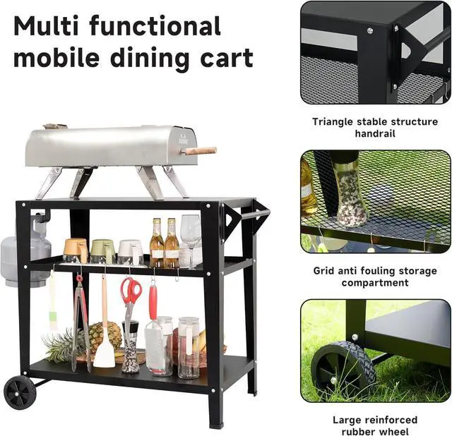 Alt view image 5 of 6 - Heavy-Duty 3-Tier Outdoor Grill Cart with Wheels, Rustproof Metal BBQ Prep Table with Tool Hooks, Multipurpose Patio Stand for Griddle and Pizza Oven
