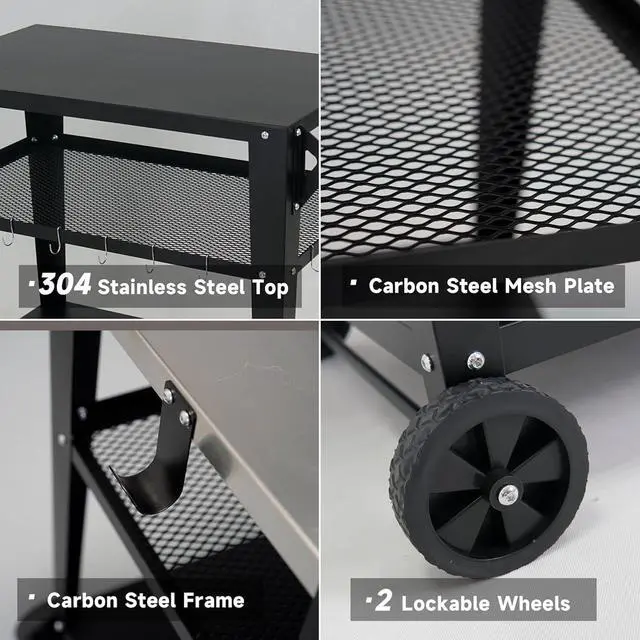 Alt view image 4 of 6 - Heavy-Duty 3-Tier Outdoor Grill Cart with Wheels, Rustproof Metal BBQ Prep Table with Tool Hooks, Multipurpose Patio Stand for Griddle and Pizza Oven
