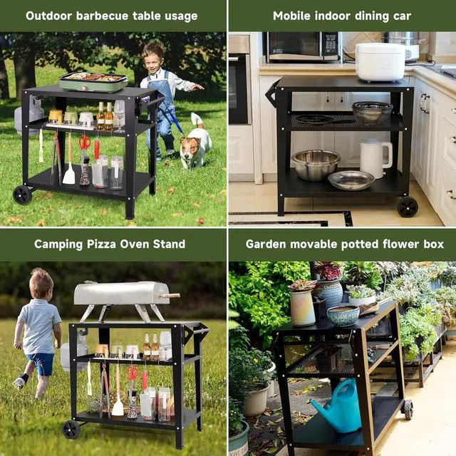 Alt view image 6 of 6 - Heavy-Duty 3-Tier Outdoor Grill Cart with Wheels, Rustproof Metal BBQ Prep Table with Tool Hooks, Multipurpose Patio Stand for Griddle and Pizza Oven