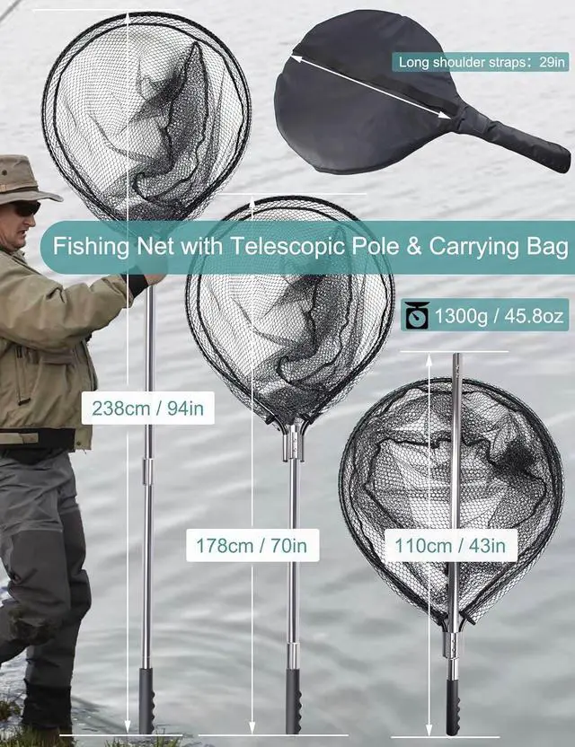 Alt view image 2 of 6 - 70-94 Inch Telescopic Fishing Landing Net Heavy Duty Aluminum Alloy Handle Non-Snag Rubber Coated Mesh Portable Large Fishing Net for Freshwater Saltwater Boat Fishing