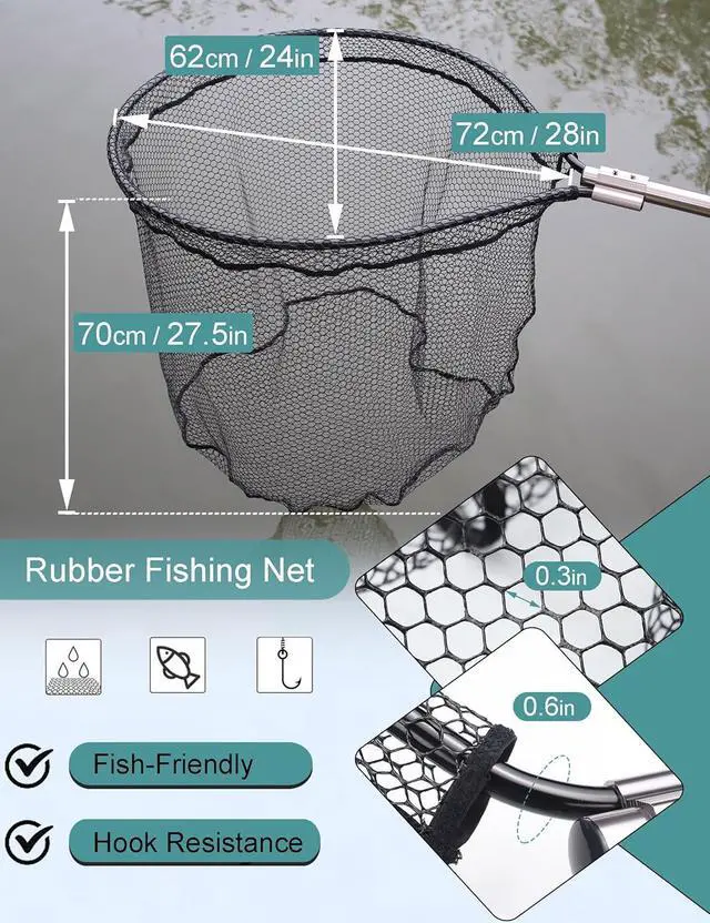 Alt view image 3 of 6 - 70-94 Inch Telescopic Fishing Landing Net Heavy Duty Aluminum Alloy Handle Non-Snag Rubber Coated Mesh Portable Large Fishing Net for Freshwater Saltwater Boat Fishing