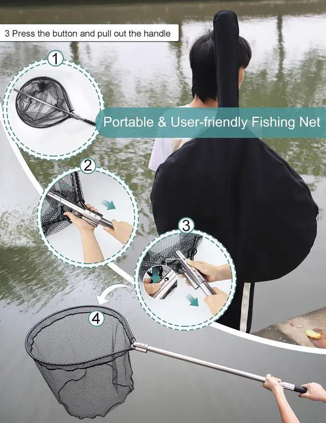 Alt view image 5 of 6 - 70-94 Inch Telescopic Fishing Landing Net Heavy Duty Aluminum Alloy Handle Non-Snag Rubber Coated Mesh Portable Large Fishing Net for Freshwater Saltwater Boat Fishing