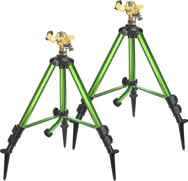 Main image of 2 Pack 360 Degree Rotating Impact Sprinkler, Brass Nozzle Tripod Sprinkler with Ground Stakes, 3 Adjustable Heights, 40-86FT Spray Range, 3/4 Inch NH Hose Inlet for Outdoor Irrigation
