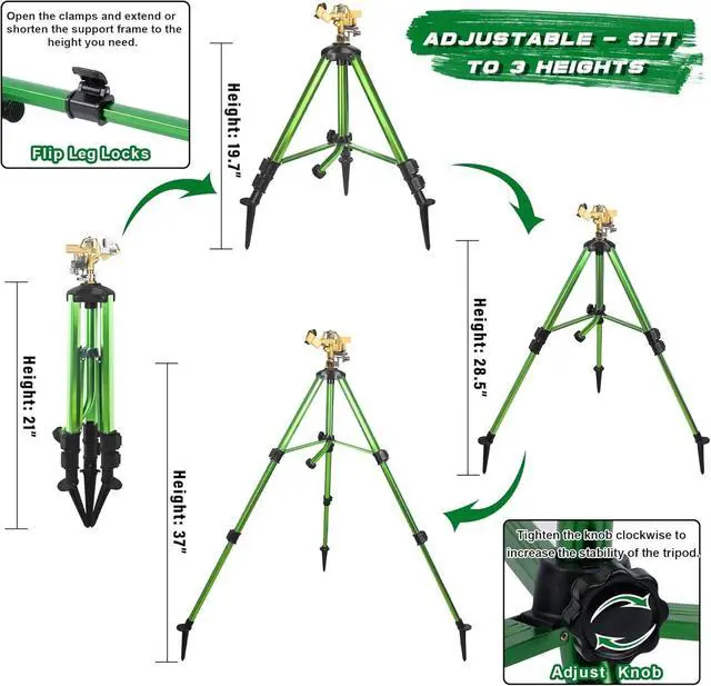 Alt view image 2 of 7 - 2 Pack 360 Degree Rotating Impact Sprinkler, Brass Nozzle Tripod Sprinkler with Ground Stakes, 3 Adjustable Heights, 40-86FT Spray Range, 3/4 Inch NH Hose Inlet for Outdoor Irrigation