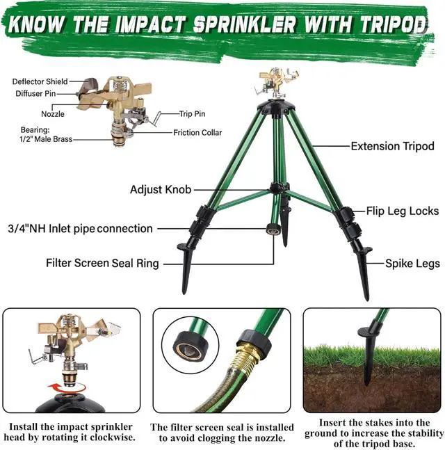 Alt view image 3 of 7 - 2 Pack 360 Degree Rotating Impact Sprinkler, Brass Nozzle Tripod Sprinkler with Ground Stakes, 3 Adjustable Heights, 40-86FT Spray Range, 3/4 Inch NH Hose Inlet for Outdoor Irrigation