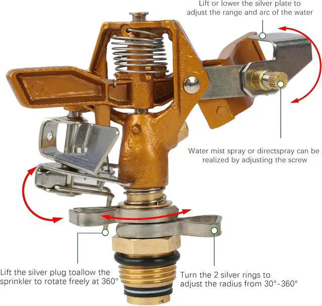 Alt view image 3 of 6 - 2 Pack 360° Rotating Brass Impact Sprinkler, Adjustable 16-37in Metal Tripod Sprinkler, 20-35FT Spray Range, 80PSI Max Pressure, 3/4in Standard Hose Connector for Lawn Yard Garden Irrigation