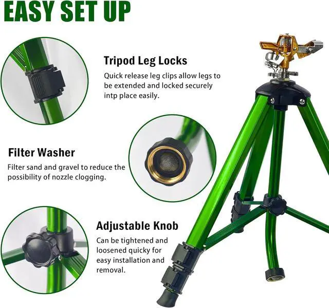 Alt view image 4 of 6 - 2 Pack 360° Rotating Brass Impact Sprinkler, Adjustable 16-37in Metal Tripod Sprinkler, 20-35FT Spray Range, 80PSI Max Pressure, 3/4in Standard Hose Connector for Lawn Yard Garden Irrigation