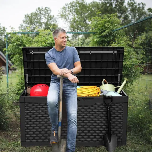 Alt view image 2 of 7 - 100 Gallon Resin Deck Box Large Outdoor Storage with Imitation Rattan Weave Texture Weatherproof UV Resistant Lockable for Patio Furniture Garden Tools Pool Supplies Dark Black