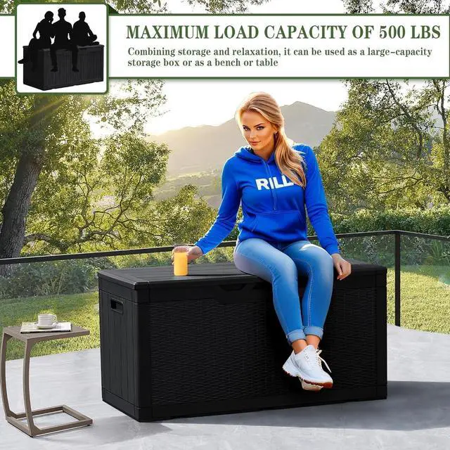 Alt view image 4 of 7 - 100 Gallon Resin Deck Box Large Outdoor Storage with Imitation Rattan Weave Texture Weatherproof UV Resistant Lockable for Patio Furniture Garden Tools Pool Supplies Dark Black