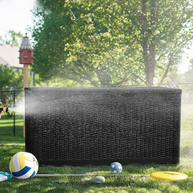 Alt view image 3 of 7 - 100 Gallon Resin Deck Box Large Outdoor Storage with Imitation Rattan Weave Texture Weatherproof UV Resistant Lockable for Patio Furniture Garden Tools Pool Supplies Dark Black