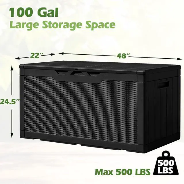 Alt view image 7 of 7 - 100 Gallon Resin Deck Box Large Outdoor Storage with Imitation Rattan Weave Texture Weatherproof UV Resistant Lockable for Patio Furniture Garden Tools Pool Supplies Dark Black