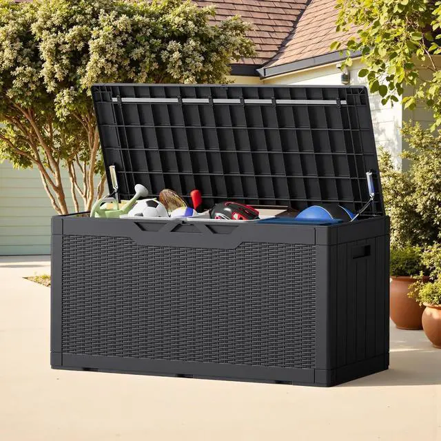 Alt view image 3 of 7 - 100 Gallon Outdoor Storage Box with Lid Lockable Waterproof UV Resistant for Patio Furniture Garden Tools Pool Supplies Black