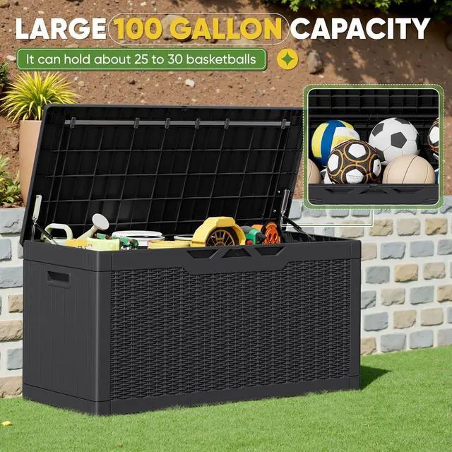 Alt view image 4 of 7 - 100 Gallon Outdoor Storage Box with Lid Lockable Waterproof UV Resistant for Patio Furniture Garden Tools Pool Supplies Black