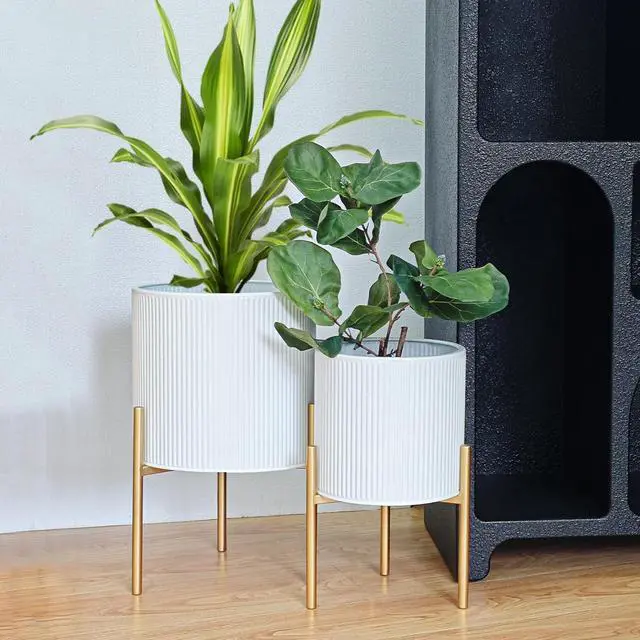 Main image of Set of 2 Round Metal Planter Pots with Stand, 8.25 & 10.5 Inch Decorative Floor Planters, with Drainage Holes, White & Gold for Living Room Office Garden Balcony