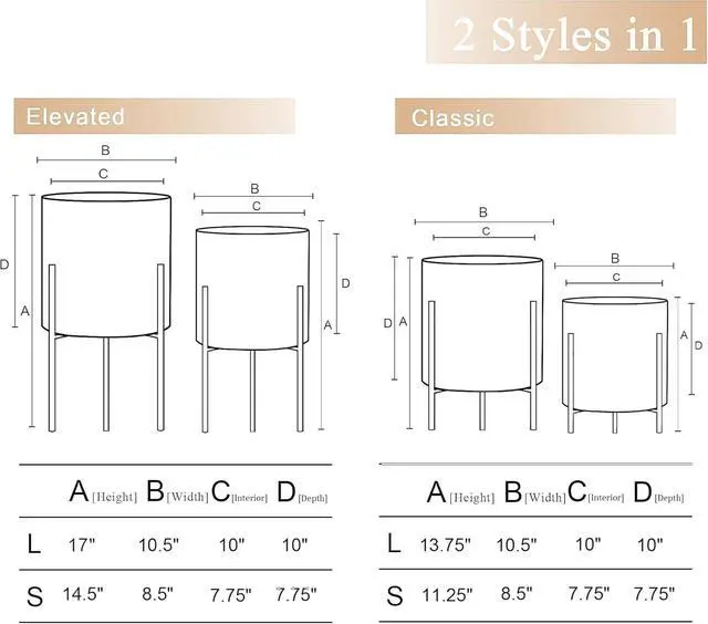 Alt view image 6 of 7 - Set of 2 Round Metal Planter Pots with Stand, 8.25 & 10.5 Inch Decorative Floor Planters, with Drainage Holes, White & Gold for Living Room Office Garden Balcony