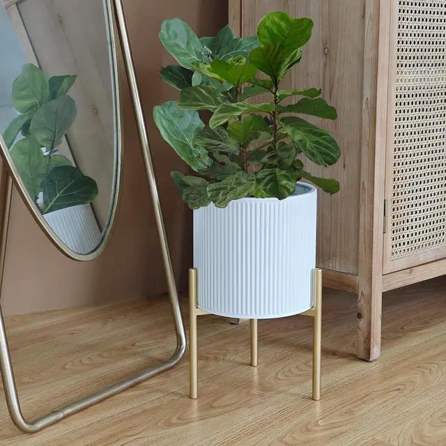 Alt view image 2 of 7 - Set of 2 Round Metal Planter Pots with Stand, 8.25 & 10.5 Inch Decorative Floor Planters, with Drainage Holes, White & Gold for Living Room Office Garden Balcony