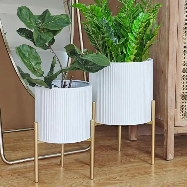 Alt view image 5 of 7 - Set of 2 Round Metal Planter Pots with Stand, 8.25 & 10.5 Inch Decorative Floor Planters, with Drainage Holes, White & Gold for Living Room Office Garden Balcony