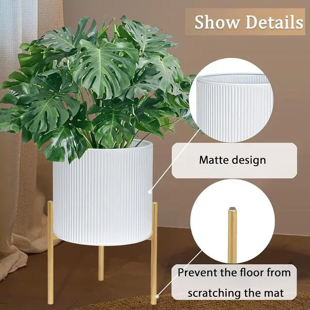Alt view image 3 of 7 - Set of 2 Round Metal Planter Pots with Stand, 8.25 & 10.5 Inch Decorative Floor Planters, with Drainage Holes, White & Gold for Living Room Office Garden Balcony