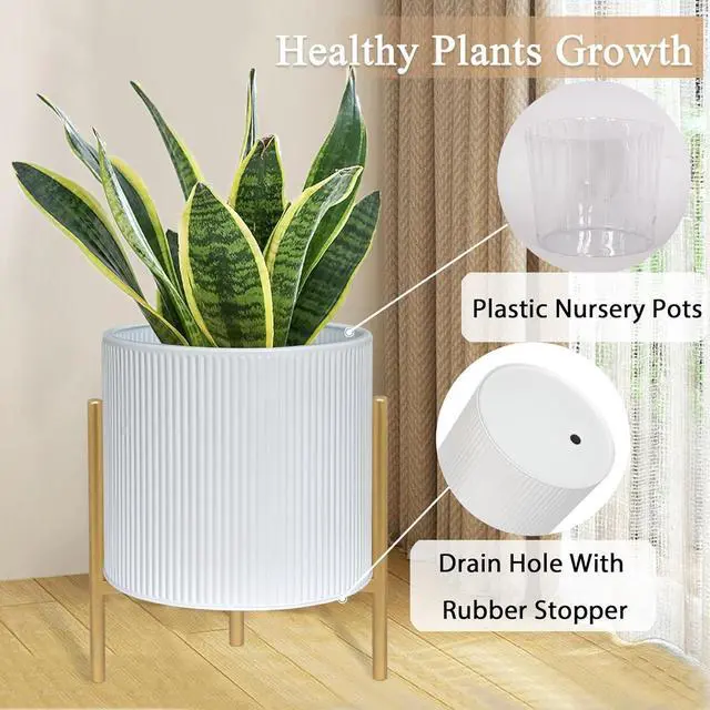 Alt view image 4 of 7 - Set of 2 Round Metal Planter Pots with Stand, 8.25 & 10.5 Inch Decorative Floor Planters, with Drainage Holes, White & Gold for Living Room Office Garden Balcony