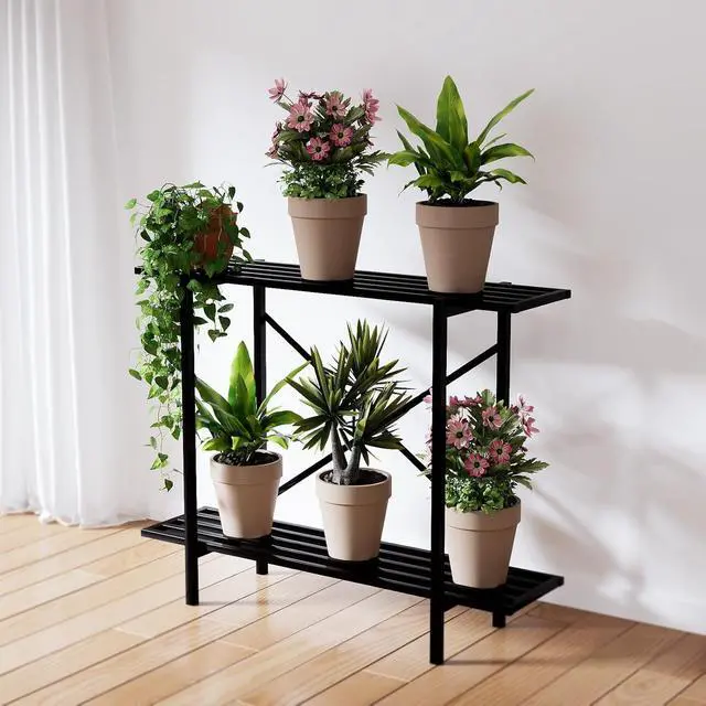 Alt view image 2 of 5 - 2 Tier Narrow Metal Plant Stand, Heavy Duty 440 LBS Capacity, Rustproof Window Height Planter Rack for Indoor Outdoor Use, L35.43 x W10.3 x H27.5 Inch