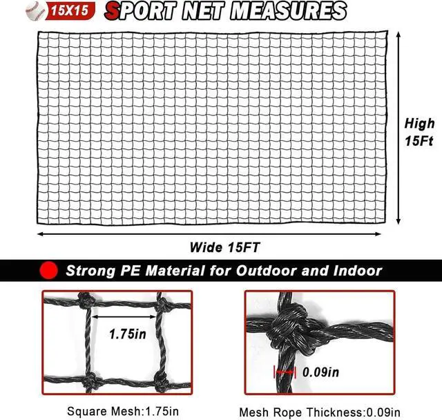 Alt view image 2 of 7 - Heavy Duty Twisted Knotted PE Baseball Softball Backstop Net, Multi-Purpose Sports Netting Barrier for Backyard Training