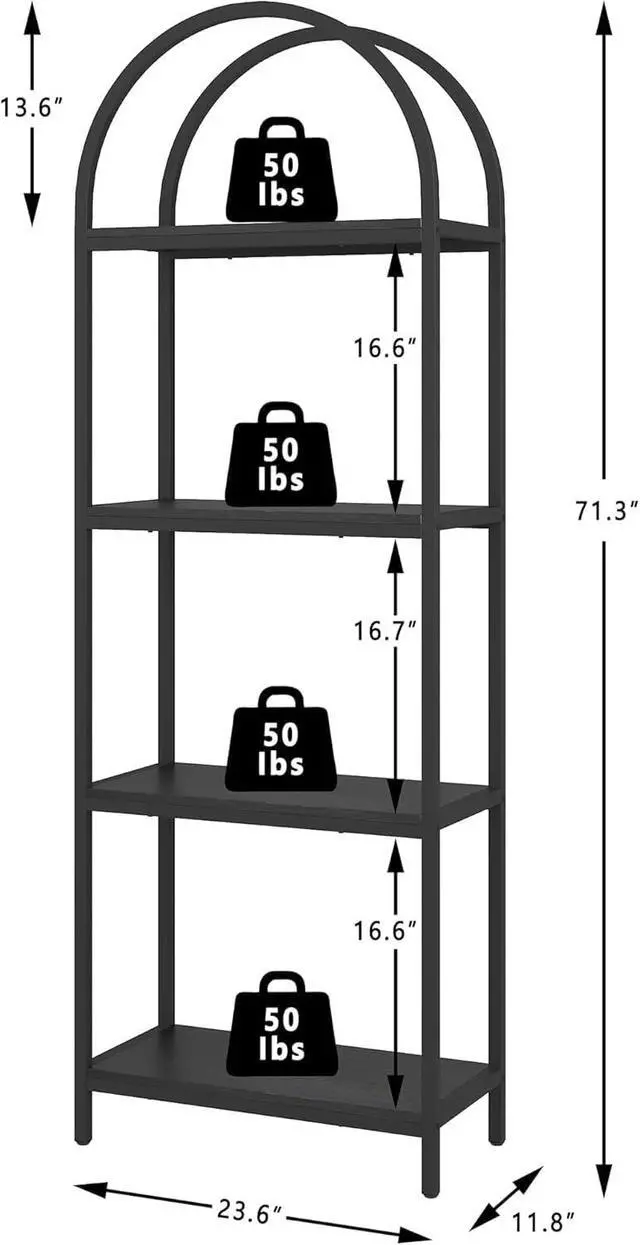 Alt view image 2 of 6 - 71.3 Inch Tall 4 Tier Arched Open Bookcase Black Particleboard Metal Frame Freestanding Industrial Display Storage Rack for Living Room Bedroom Office