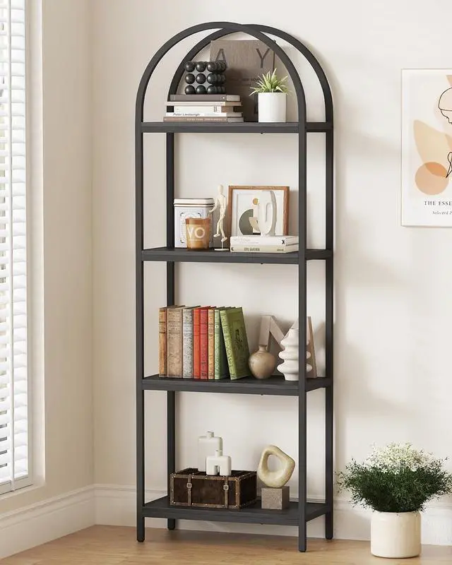 Main image of 71.3 Inch Tall 4 Tier Arched Open Bookcase Black Particleboard Metal Frame Freestanding Industrial Display Storage Rack for Living Room Bedroom Office