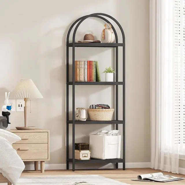 Alt view image 3 of 6 - 71.3 Inch Tall 4 Tier Arched Open Bookcase Black Particleboard Metal Frame Freestanding Industrial Display Storage Rack for Living Room Bedroom Office