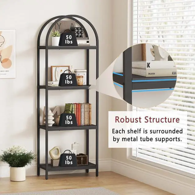 Alt view image 5 of 6 - 71.3 Inch Tall 4 Tier Arched Open Bookcase Black Particleboard Metal Frame Freestanding Industrial Display Storage Rack for Living Room Bedroom Office