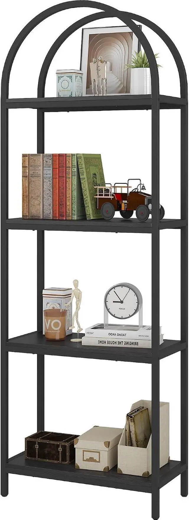 Alt view image 6 of 6 - 71.3 Inch Tall 4 Tier Arched Open Bookcase Black Particleboard Metal Frame Freestanding Industrial Display Storage Rack for Living Room Bedroom Office
