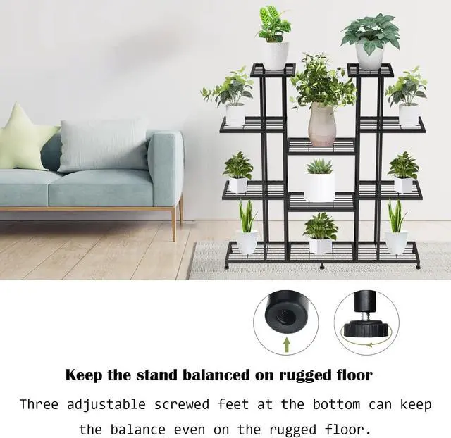 Alt view image 3 of 6 - 9 Tier Heavy Duty Metal Plant Stand, Large Multifunctional Rack for Tall Large Planters, Indoor Outdoor Use for Living Room Garden Balcony, Black