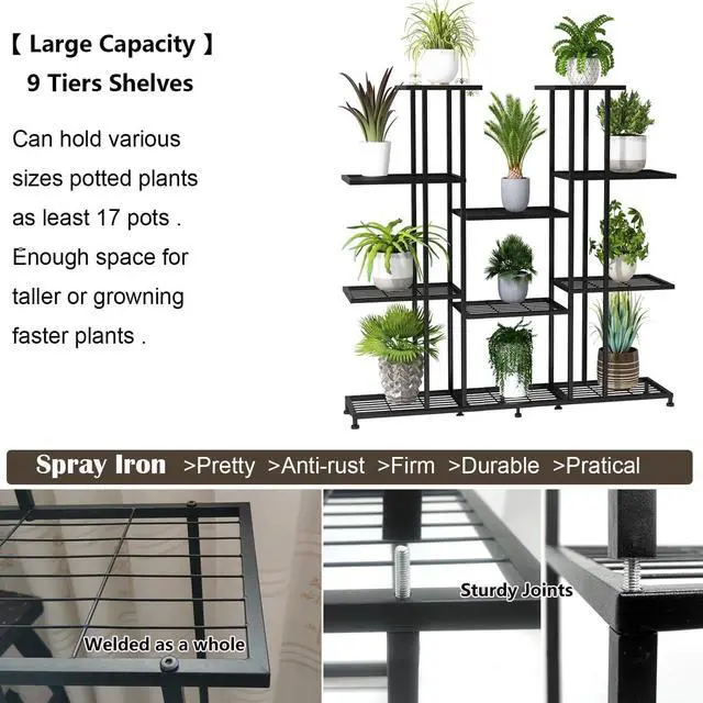 Alt view image 4 of 6 - 9 Tier Heavy Duty Metal Plant Stand, Large Multifunctional Rack for Tall Large Planters, Indoor Outdoor Use for Living Room Garden Balcony, Black