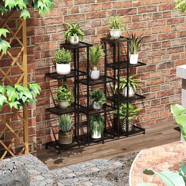 Alt view image 5 of 6 - 9 Tier Heavy Duty Metal Plant Stand, Large Multifunctional Rack for Tall Large Planters, Indoor Outdoor Use for Living Room Garden Balcony, Black