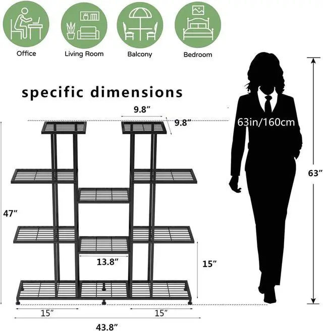 Alt view image 6 of 6 - 9 Tier Heavy Duty Metal Plant Stand, Large Multifunctional Rack for Tall Large Planters, Indoor Outdoor Use for Living Room Garden Balcony, Black