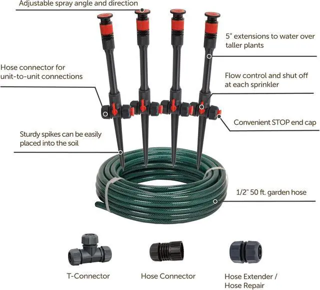 Alt view image 3 of 7 - Flexible DIY Garden Sprinkler System with Hose and Accessories, Multi-Adjustable Sprinkler Heads for Lawn Plant Watering, Covers Up to 1650 Sq. Ft