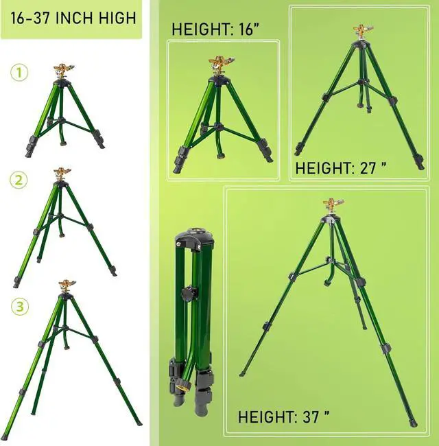 Alt view image 3 of 7 - 2 Pack 0-360° Adjustable Impact Sprinkler, Brass Head Alloy Tripod Sprinkler, 16-27in Height, 20-35FT Range, 3/4in Hose Connector for Lawn Yard Garden Irrigation