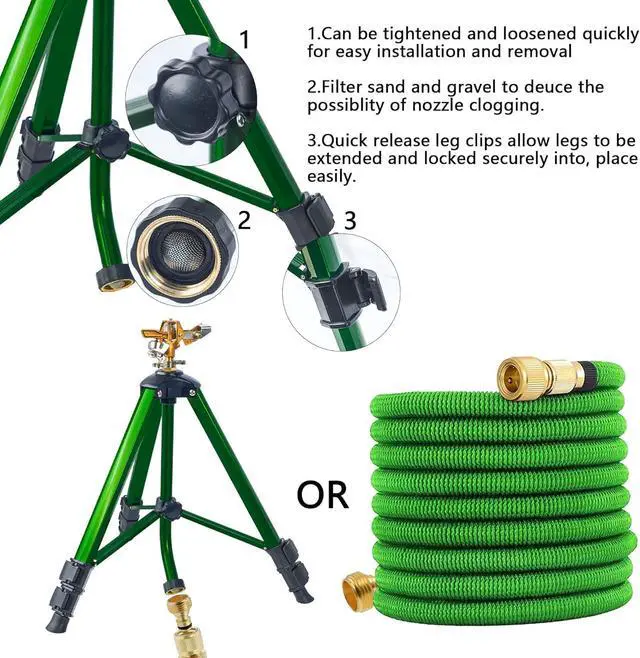 Alt view image 5 of 7 - 2 Pack 0-360° Adjustable Impact Sprinkler, Brass Head Alloy Tripod Sprinkler, 16-27in Height, 20-35FT Range, 3/4in Hose Connector for Lawn Yard Garden Irrigation