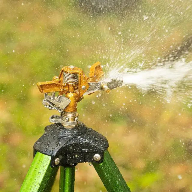 Alt view image 4 of 7 - 2 Pack 0-360° Adjustable Impact Sprinkler, Brass Head Alloy Tripod Sprinkler, 16-27in Height, 20-35FT Range, 3/4in Hose Connector for Lawn Yard Garden Irrigation