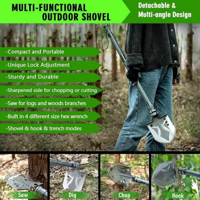 Alt view image 2 of 6 - Multifunctional Folding Tactical Shovel Axe Combo with Extension Handles Flashlight for Camping Hiking Cycling 19.3-40.9 Inches